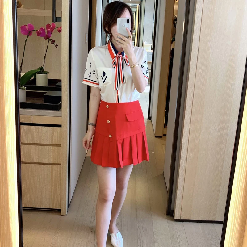 

New Designer Women Sets Short Sleeve Bow Tie Button Up Tops and High Waist Pleated Mini Skirts Vintage Two Piece Sets Print