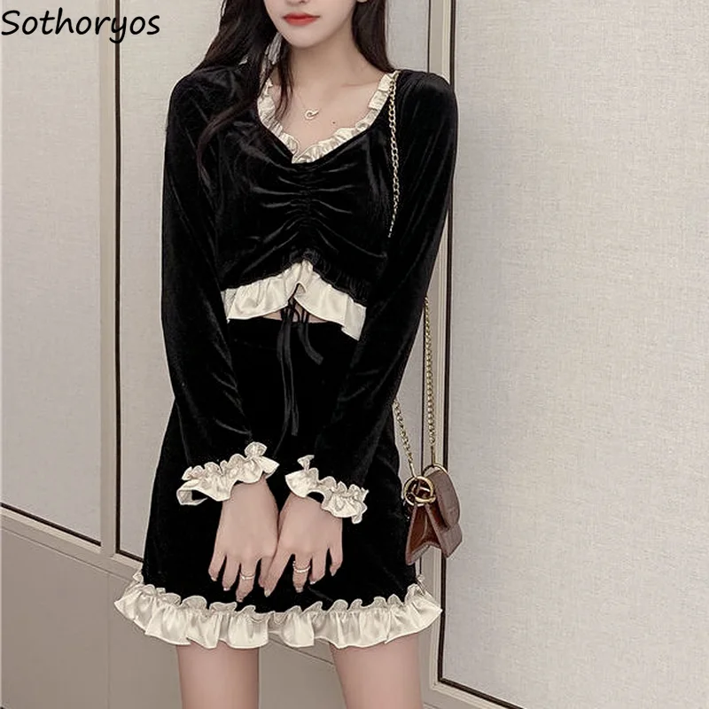 

Women Sets V-neck Long Sleeve Fashion Chic Elegant Ladies Cropped Shirring Ruffles Slim Sheath Female Streetwear Retro Sweet New