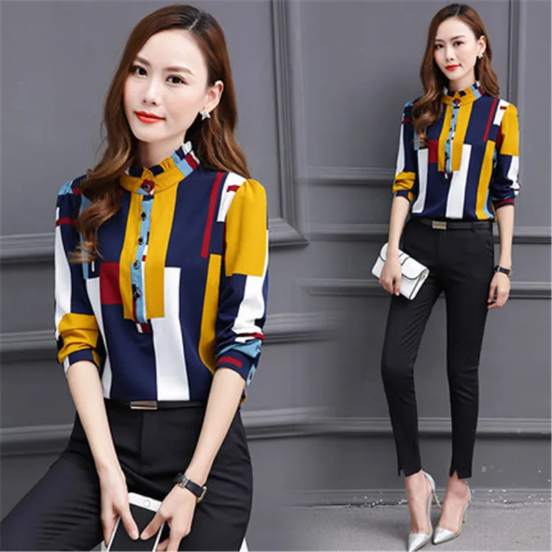 Hot Sale Kroean Style Women's Summer Fashion Blouses Female Long Sleeve Stand Chiffon Shirts High Quality Clothes LWL086