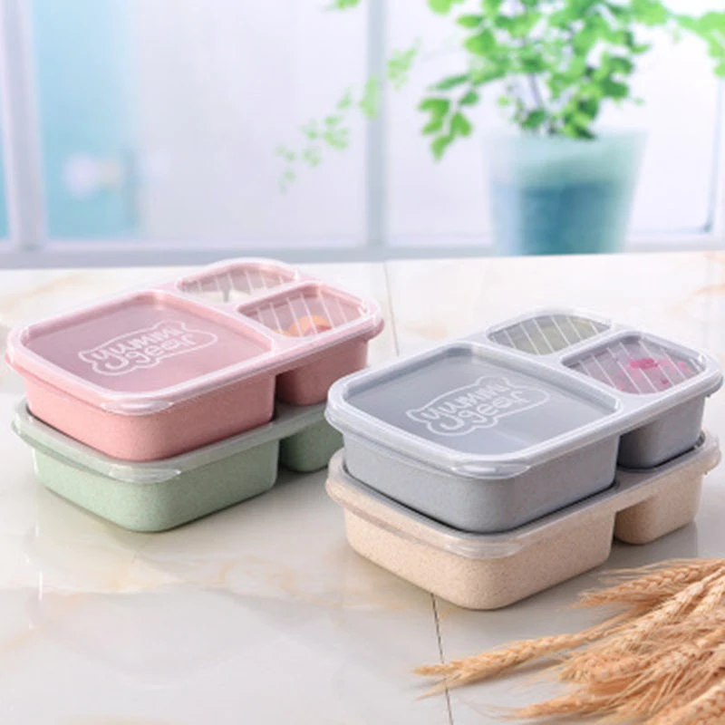 Wheat Straw Lunch Box 3-Compartment Plastic Bento Box Microwavable Meal Storage Food Container Boxes Divided Light Food Box images - 6