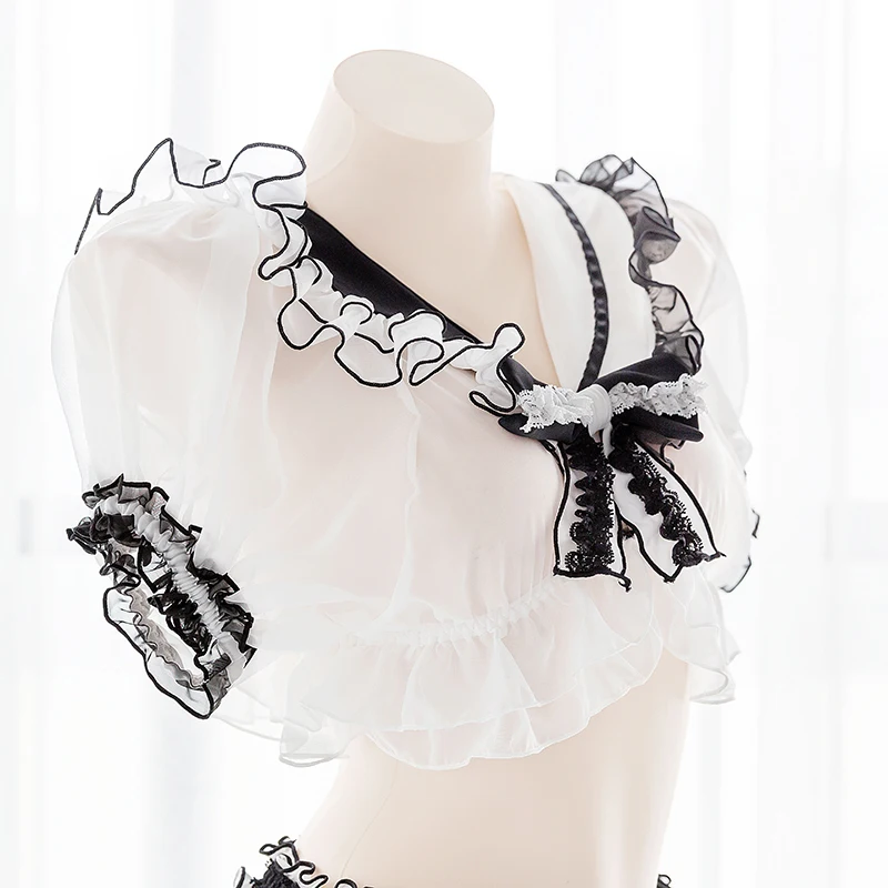 

Sexy Lovely Transparent Black White Panda Contrast Color Ruffles 2Pcs Lingerie Set Cosplay Soft Girl Sailor Collar Underwear Set