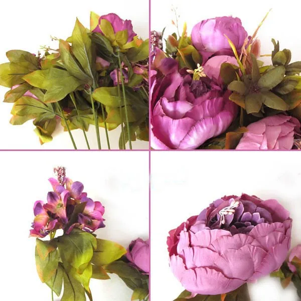 

Wholesale-1pcs Bouquet Artificial Peony Silk Flowers Fake Leaf Home Wedding Party Decoration
