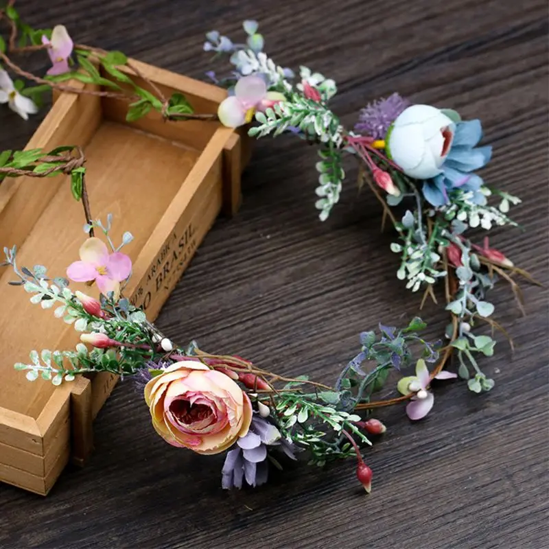 

Wedding Bridal Sweet Forest Style Headband Simulation Rattan Flower Vine Crown Tiara Imitation Rose Buds Hair Wreath Halo Photo