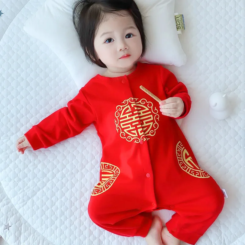 

Baby birthday banquet male baby clothes grab week 100 days spring and autumn jumpsuit red autumn full moon first birthday dress