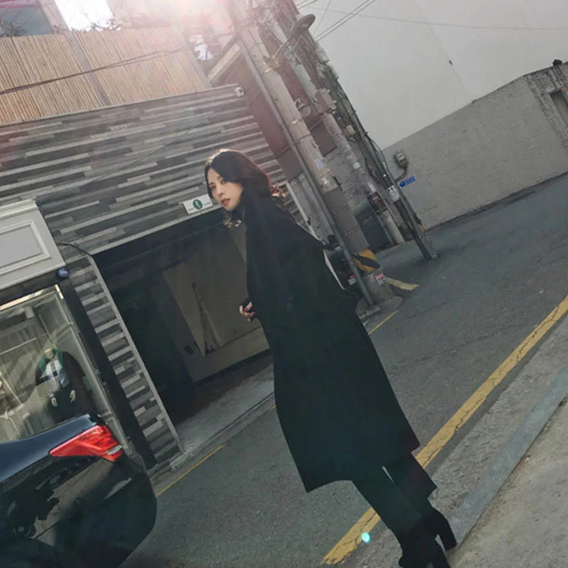 

Elegant Large Size Solid Long Over The Knee Women's Coat Lapel Pockets Loose Thickening Jackets Woolen Coats Female Outerwear