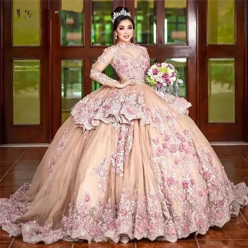 

Peach Champagne Long Sleeves Mexican Quinceanera Dresses 2021 Lace Applique Flower Beaded Sweet 15 16 Dress Birthday Party Gowns