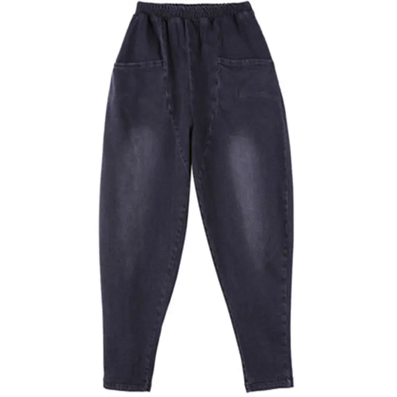 

2021 Spring New Arts Style Women Elastic Waist Loose Casual Black Jeans Big Pocket Cotton Denim Harem Pants Plus Size Flare