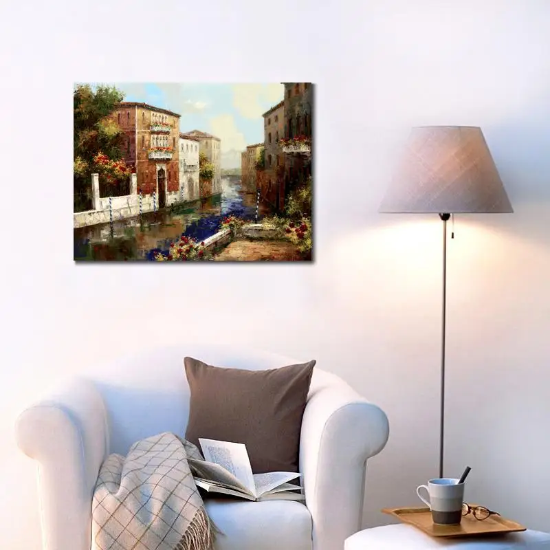 Goedkoop Handgeschilderde Olieverfschilderijen Dorp Landschappen Slaperig Canal Canvas Art Mediterrane Kunstwerk Voor Muur Decor
