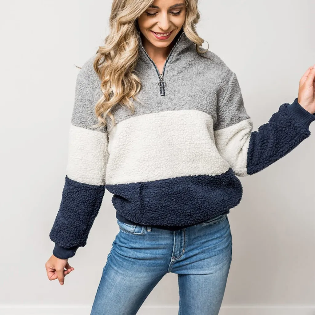 Модные женские Лоскутные толстовки с длинным рукавом на молнии длинными