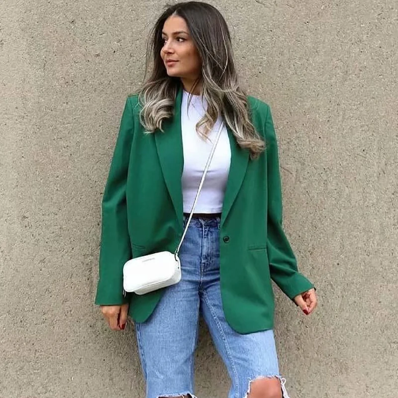 

2021 Summer Fashion Ladies Elegant Slim Blazers Streetwear Girls Chic Tops Sweet Vintage Women Green Jackets
