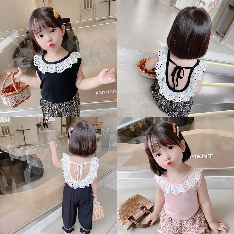

New girls' middle and small children's Korean lace hollow T-shirt manufacturers wholesale in the summer of 2021 top shirt 12-21