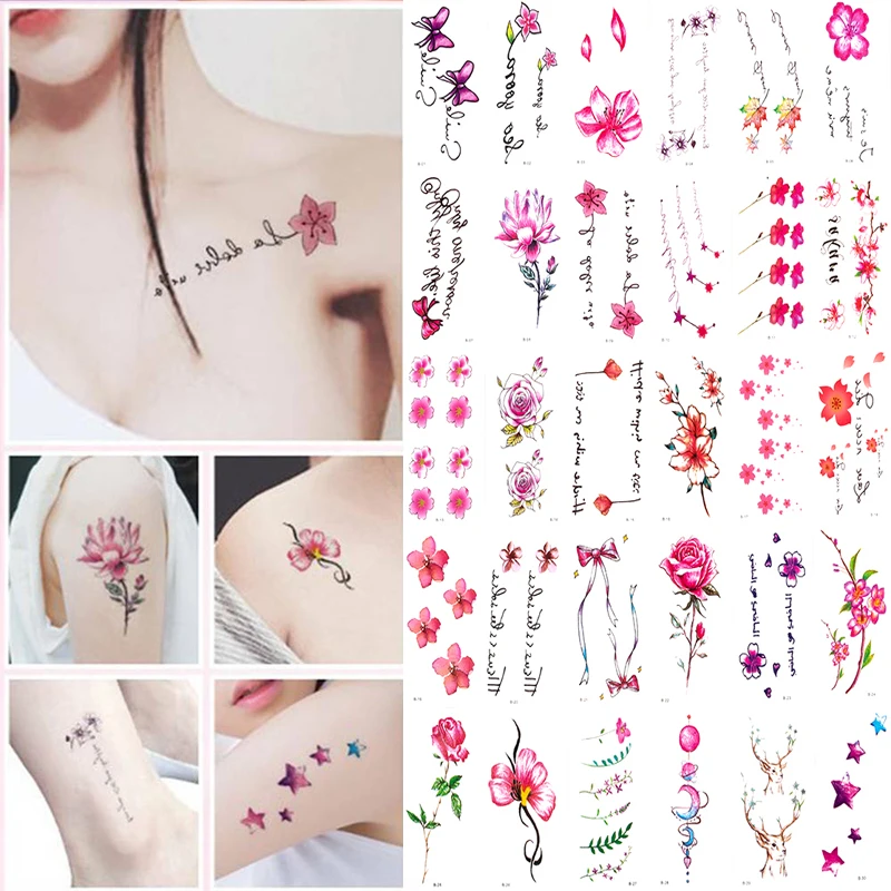 

30 Sheet/Lot Temporary Tattoo Sticker Letters Feather Body Art Tattoos Waterproof Flowers Tattoos Sticker Fake Water Transfer