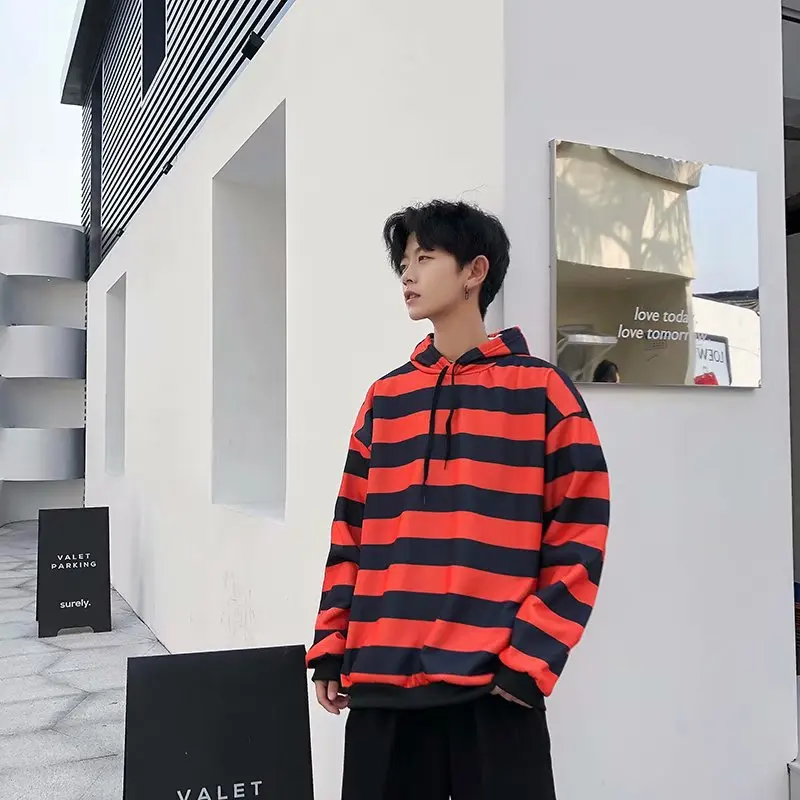 

Новинка 2021, Свитшот в полоску ZOGAA с капюшоном, Мужская свободная осенняя одежда, Студенческая Повседневная Уличная одежда в стиле хип-хоп ...