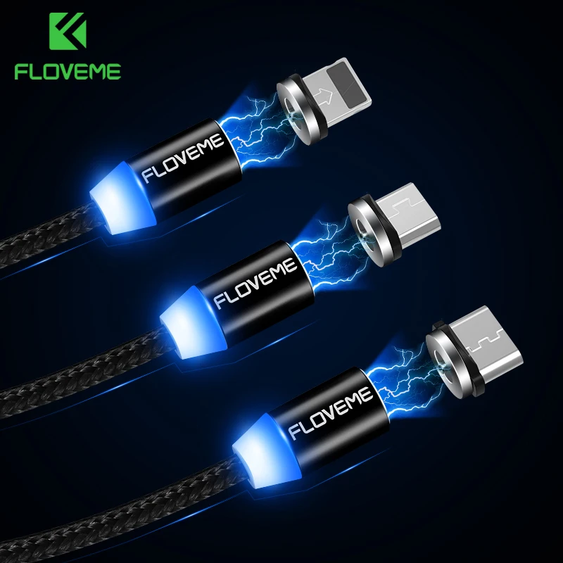 

FLOVEME Magnetic Cable 1m Braided Mobile LED Type C Micro USB Magnet Charger Cable For Apple iPhone X 7 8 6 10 Xs Max XR Samsung