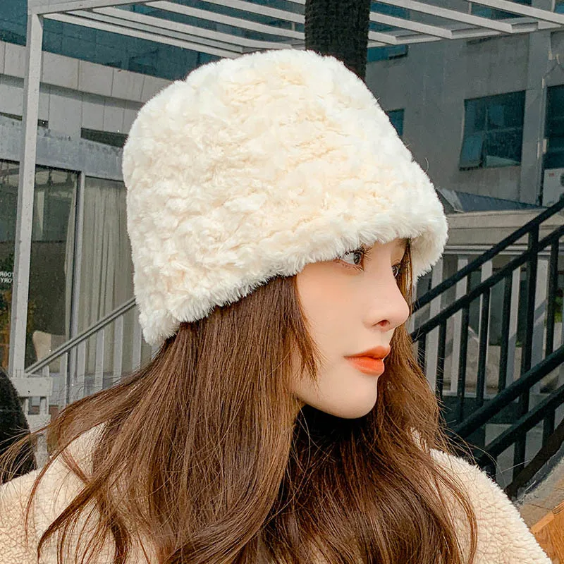 

Winter Faux Fur Fedora hat women Print Bucket Hats Women Winter Panama Fisherman Caps Gorra Rabbit hair Hats for girls