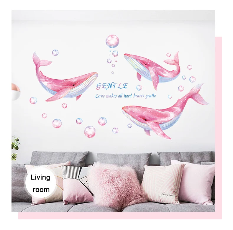 

cartoon Pink Whale Wall Stickers for kids Room Decor Mural Girls Bedroom Door Sticker Living Room kawaii home decor wall decals