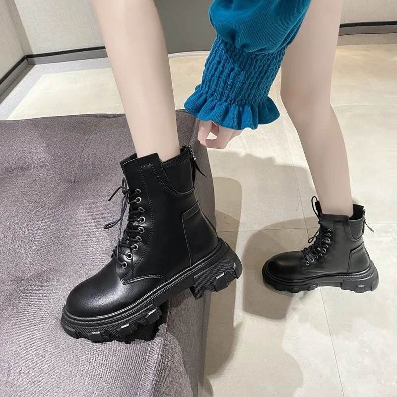 

2021 Motorcycle Boots Wedge Shoes Flat Shoes Female High Heels Platform Pu Leather Boots Lace Women's Shoes Black Boots Girl