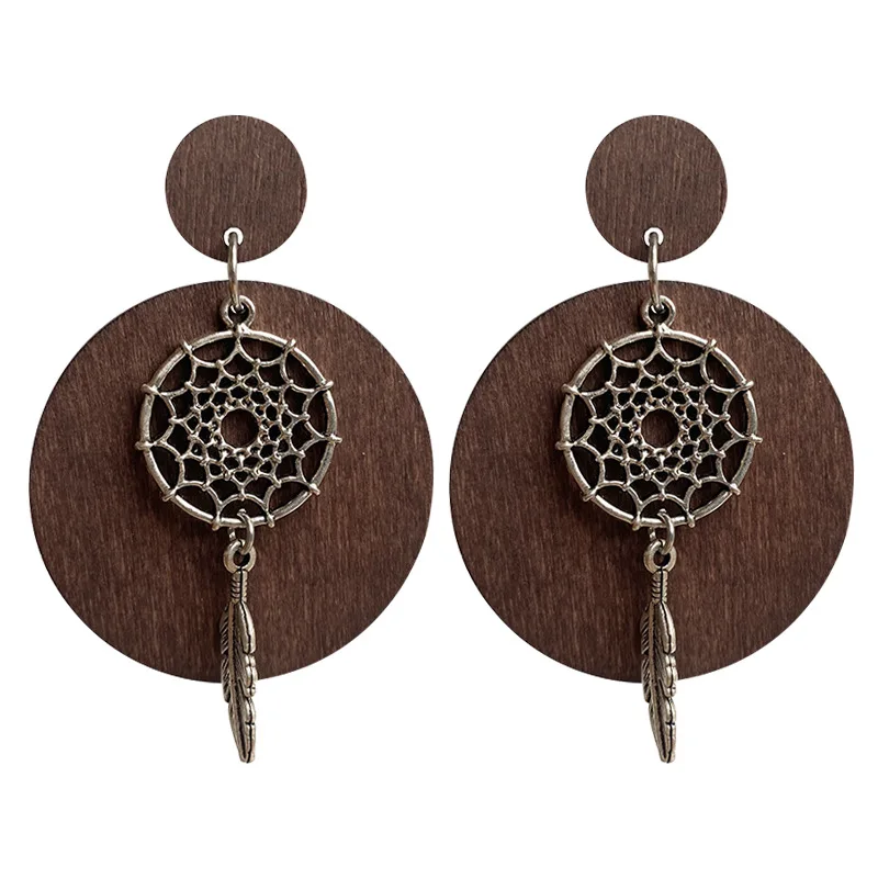 

Vintage Dreamcatcher Charms Wooden Disc Dangle Drop Earrings for Women