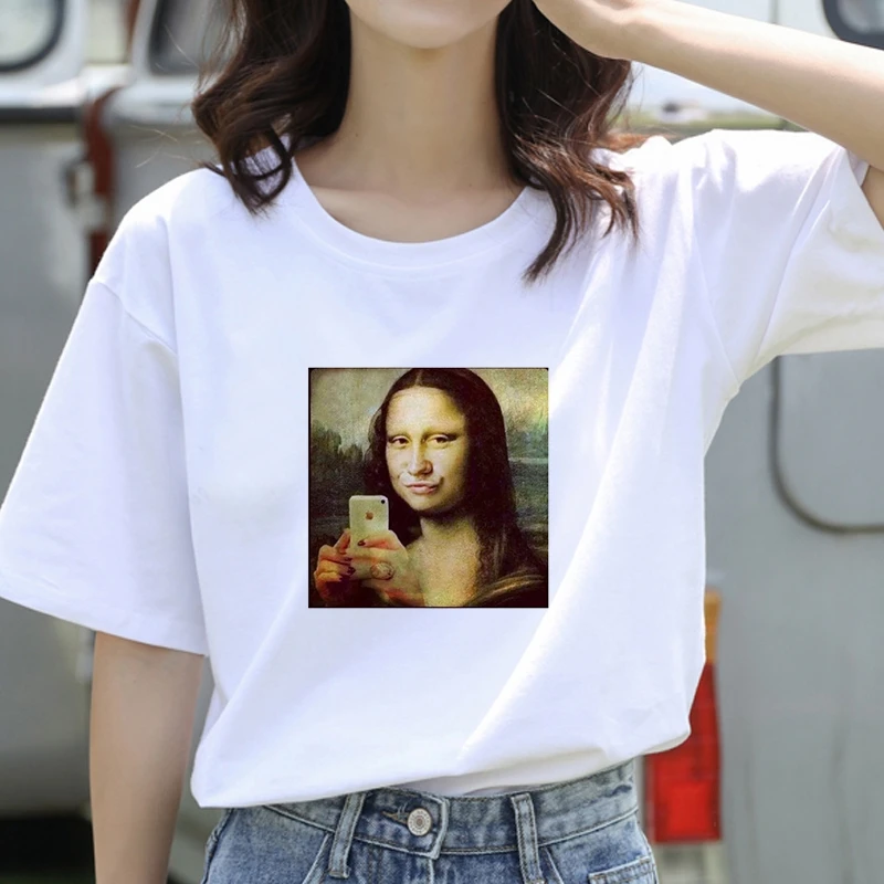 

Women Vintage Style Fashion Fun Theme Mona Lisa Print Funny Summer T shirt Women Vogue Princess Short T Shirt
