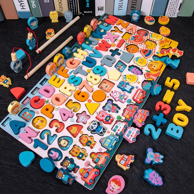 

Wooden Montessori Number Letter Traffic Fishing Building Block Logarithmic Busy Board Preschool Educational Puzzle Children Toys