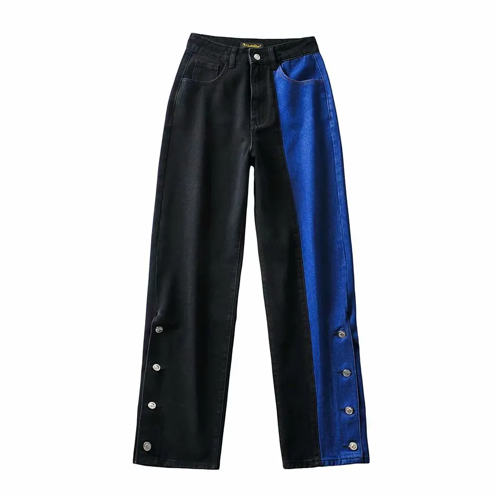 

Vintage jeans woman high waist pants black patchwork jeans fall wide leg jeans split hem pants casual korean trousers buttons