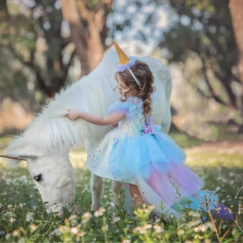 newChristmas Fluffy Girl Princess Unicorn Dress Gorgeous Backless Long Tail Wedding Kids Halloween Cosplay Costume | Детская одежда и