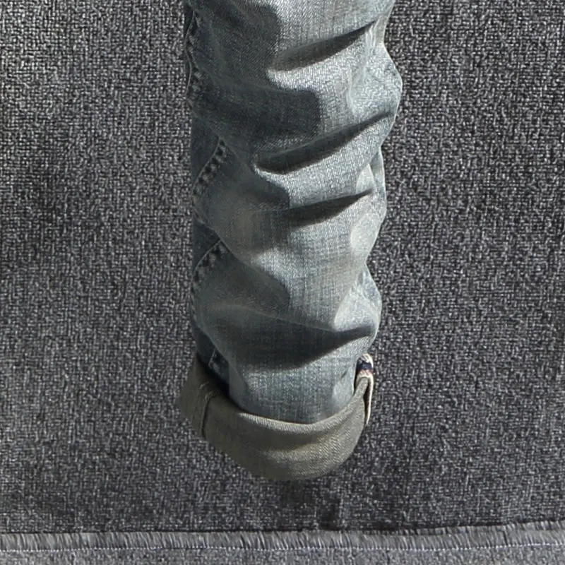 European Vintage Fashion Men Jeans Retro Light Blue Elastic Slim Fit Ripped Jeans Men Korean Style Designer Casual Denim Pants