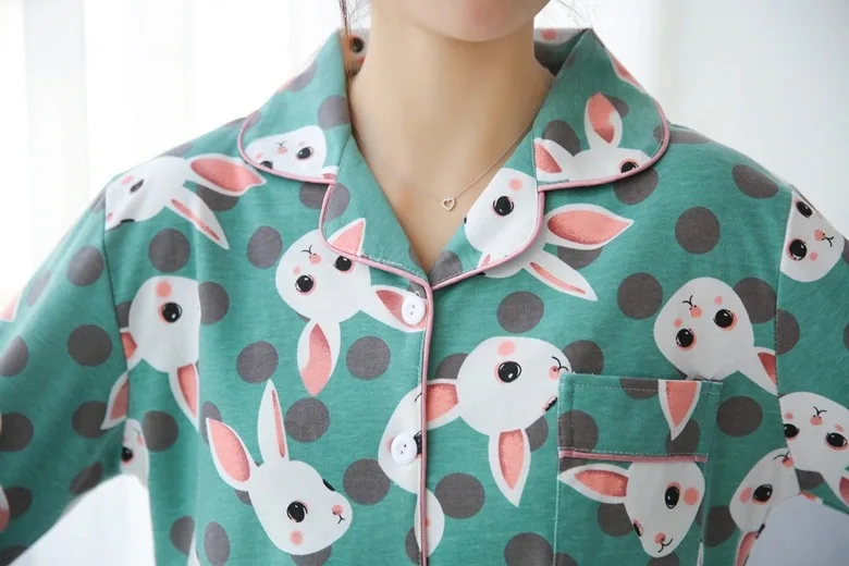 

QWEEK Kawaii Women's Pajamas Cartoon Print Sleepwear Summer 2021 Set Woman 2 Pieces Strawberry Bunny Pyjama Long Sleeve Pijamas