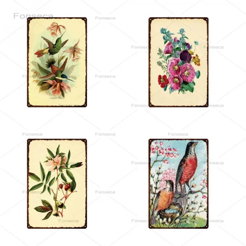 

Vintage Bird Flower Metal Sign Retro Home Decoration Wall Art Retro Tin Poster Garden Iron Painting 20x30cm