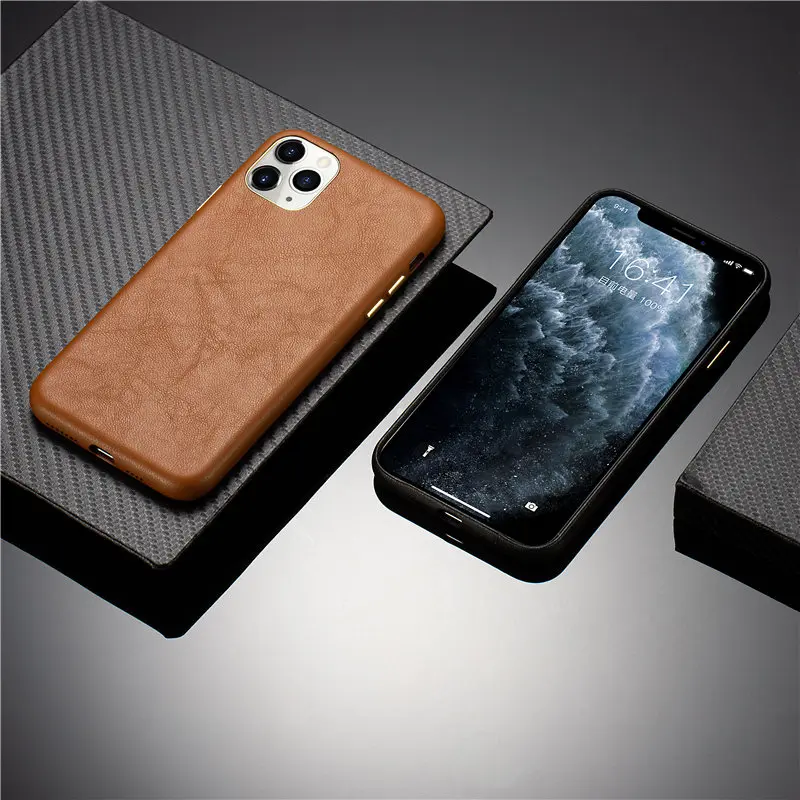 

PU Leather Protective Case for Iphone 11 Pro Max Back Metal Button Lens Edge Cover Case Luxury Shockproof Phone Case Fundas