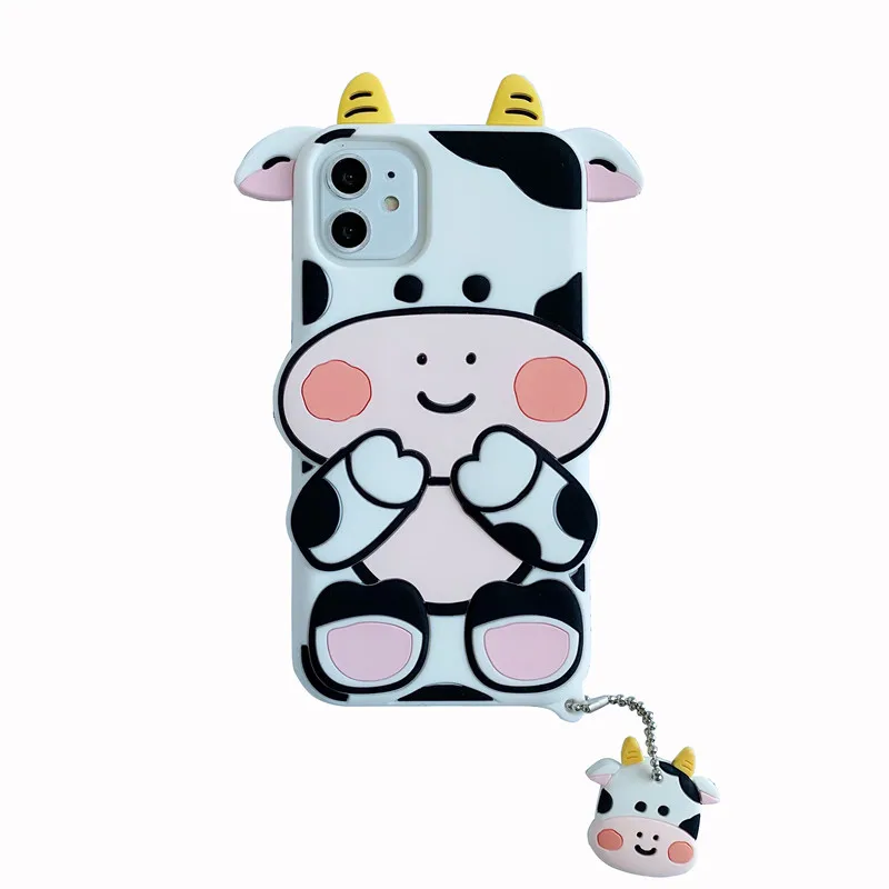 

Cute Cartoon Milk Cow Hamburger Giraffe Phone Case For iPhone 12 11 Pro XS MAX XR X 8 7 6 Plus Soft Silicone Cover Pendant Strap
