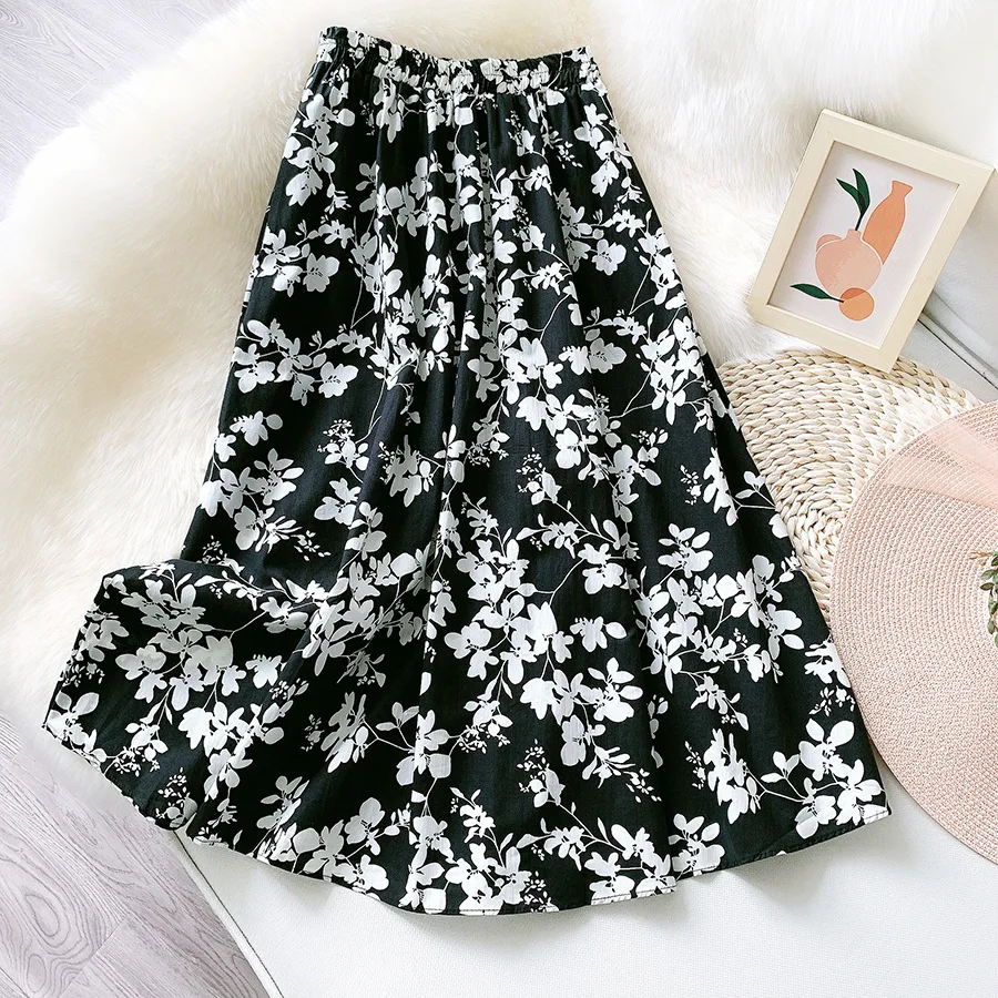 

2021 Womens Chic Floral Print Vintage A-line Midi Skirt Women Elastic High Waist Skirts Ladies Summer Elegant Female Clothing