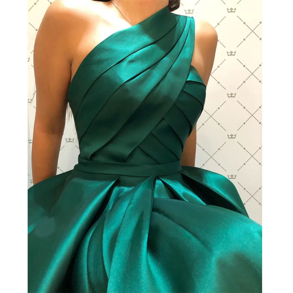 

HONGFUYU Green A-Line Floor Length Long Formal Evening Dresses vestidos de fiesta Satin One Shoulder Pleated Party Prom Gowns
