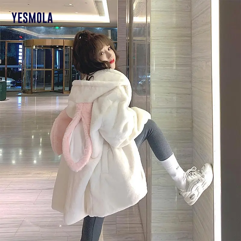 Милая куртка с капюшоном и кроличьими ушками уличная одежда парки для девочек