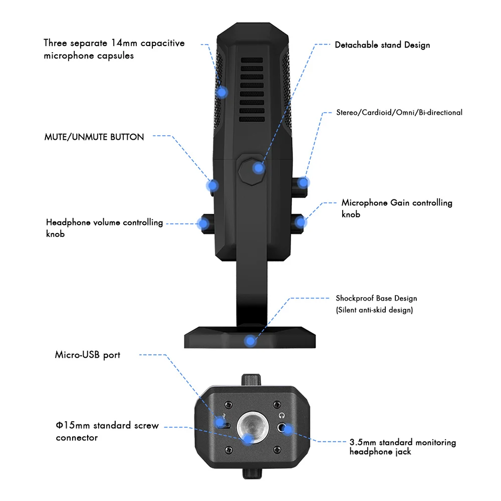 Профессиональный USB микрофон для студийной записи конденсаторный с четырьмя