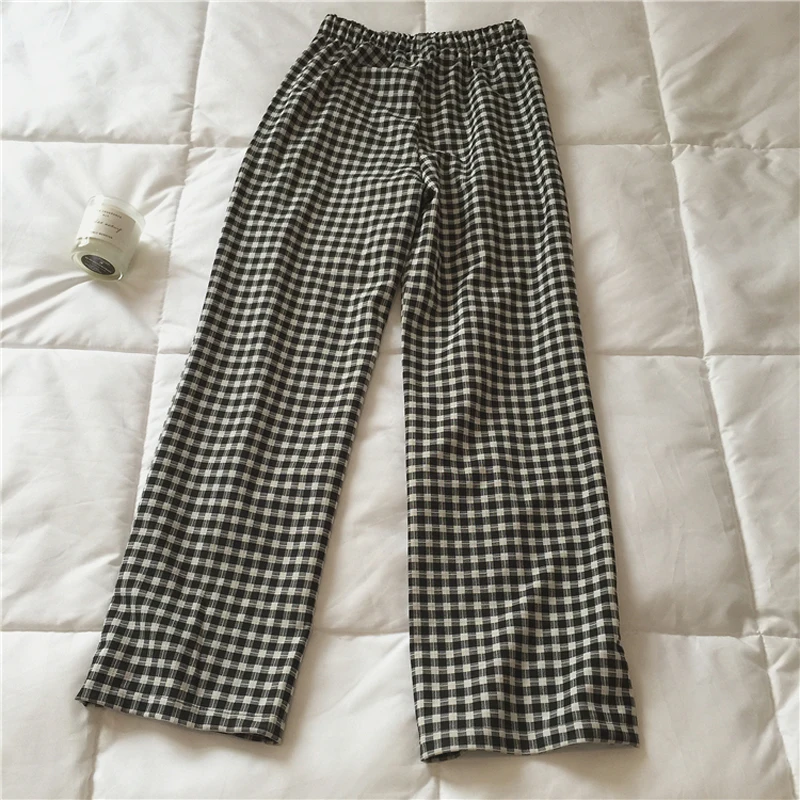 

Spring and Autumn Women's Casual Plaid High Waist Split Straight Pants