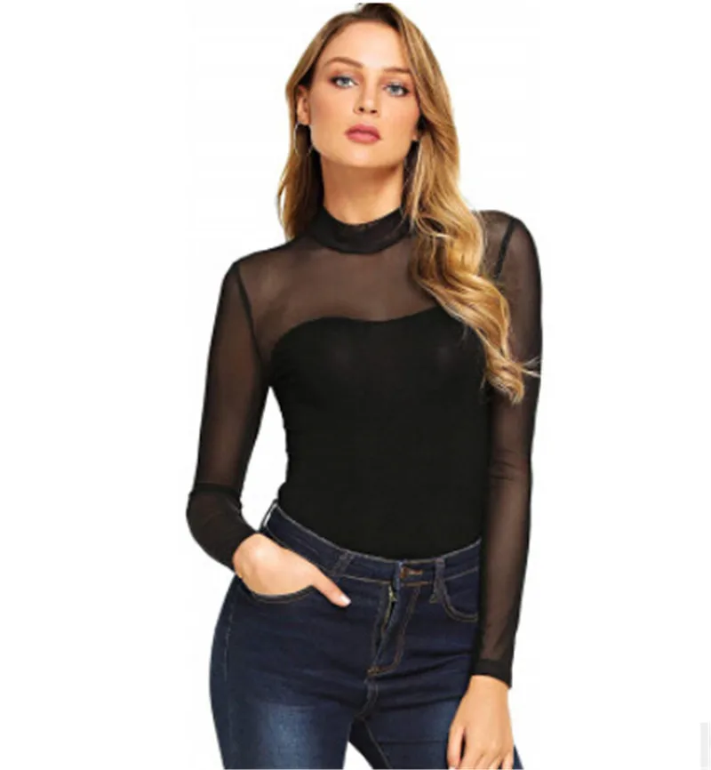 Женское боди с высоким воротом пикантный клубный комбинезон сетчатый Облегающий