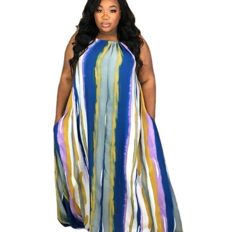 

Plus Size 5XL Casual Color Stripe Printing Hanging Neck Sleeveless Loose Striped Simple Have Pockets Long Dress Summer Fashion