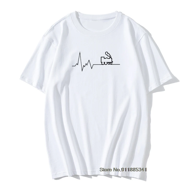 

Heartbeat Railway T Shirt Men Funny Train Printed Cotton Tops For Men Summer Short Sleeve T-shirts Camisetas Tees