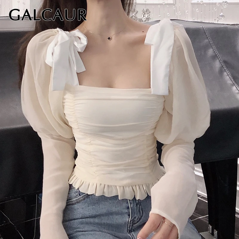 Женская рубашка с бантом GALCAUR Корейская квадратным воротником буфами высокой