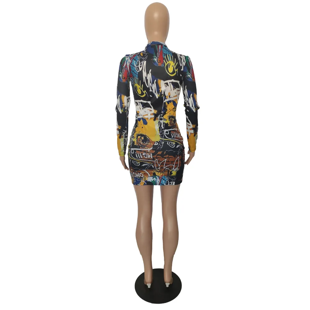 

Graffiti Print Streetwear Skinny Dresses Women Deep V Neck Long Sleeve Package Hip Dress 2021 Harajuku Zipper Up Bodycon Dress