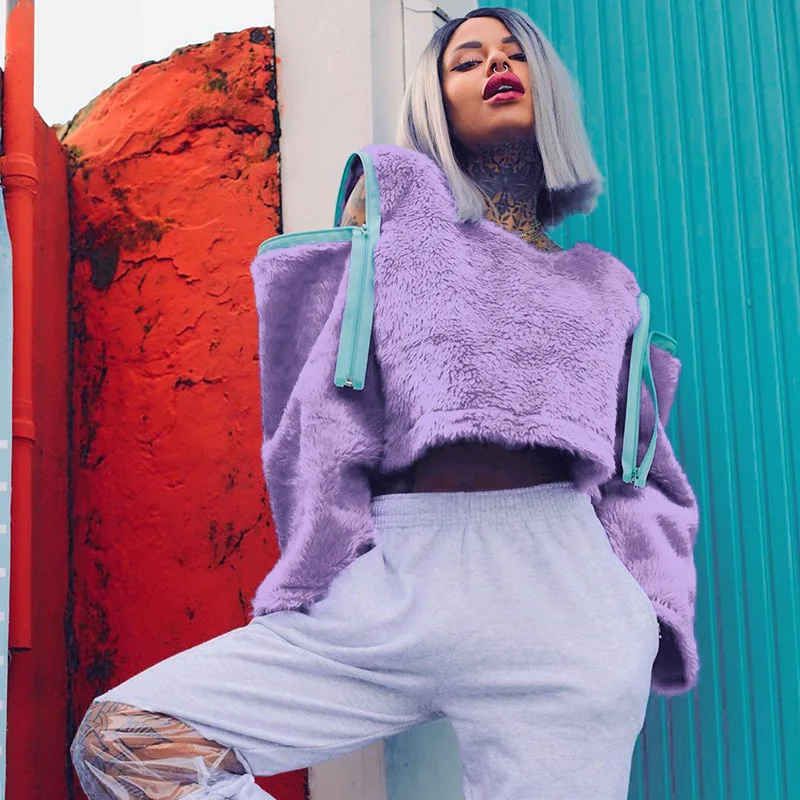 Женские толстовки на молнии плюшевые худи укороченный однотонный короткий топ с