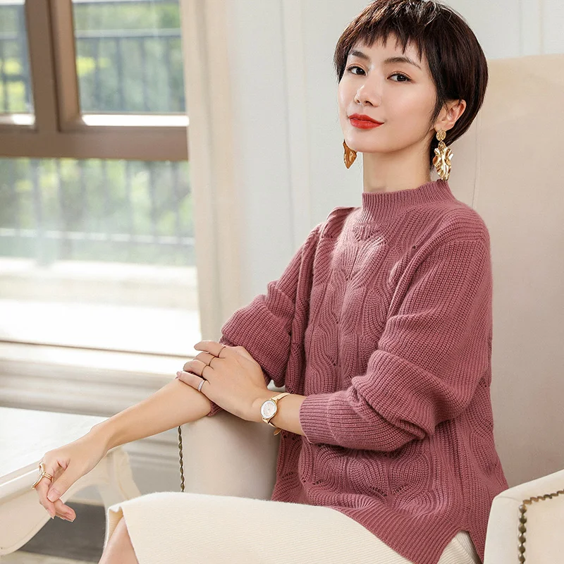 Женский свободный кашемировый свитер с полувысоким воротником вечерние