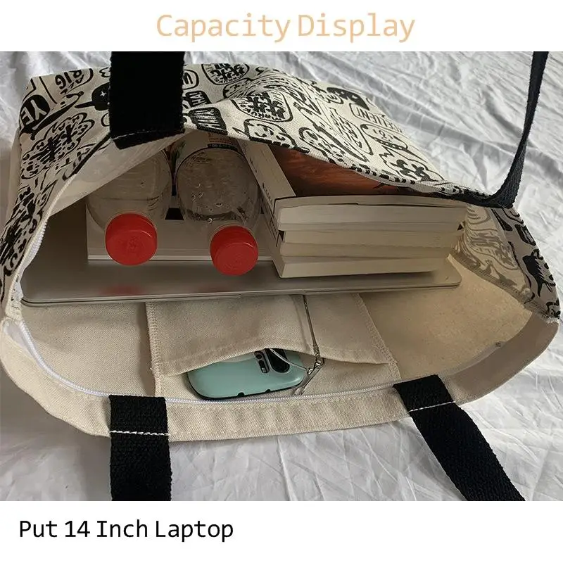 

Canvas Bag New Cartoon Printing Large Capacity Japanese Korean Shoulder Bag Women's Handbags Travel To Work Bag Tote