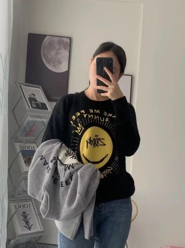 

Women Sweater Autumn/winter New Style Fun Smiley Letters High Temperature Hot Drilling Design Round Neck Long Sweater Top