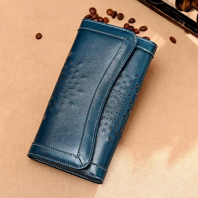 

Zency 100% Genuine Leather Women Long Wallet Hollow Money Clips Large Capacity Fashion Purse Black Brown Blue