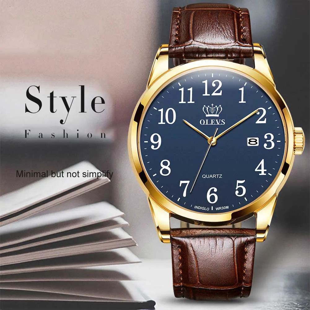 

OLEVS Mens Watches with Brown Leather Band Fashion Casual Simple Easy Reader Quartz Gold Wristwatch Gifts for Men