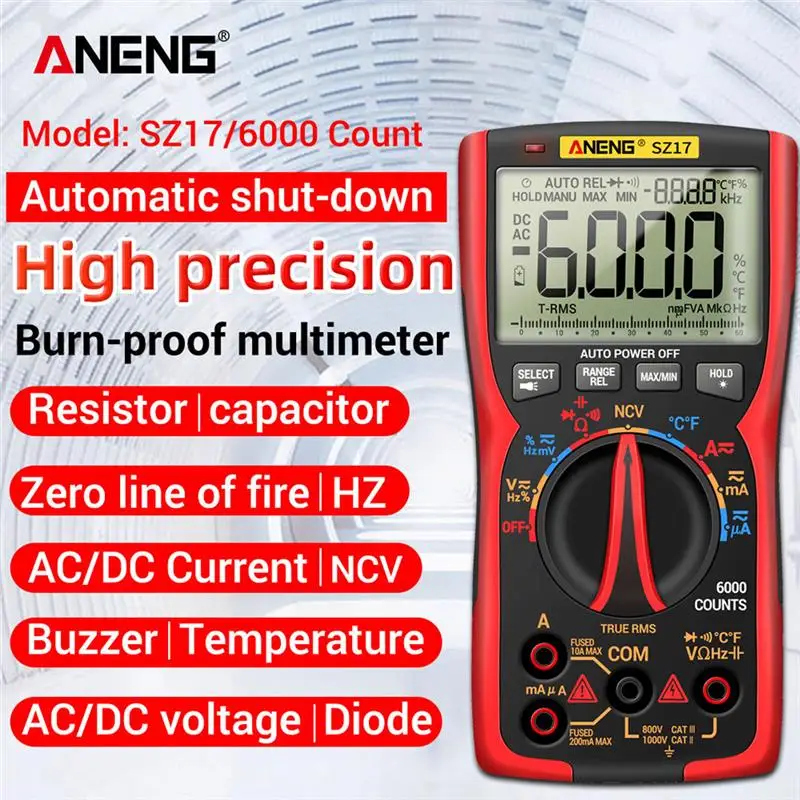 

ANENG Digital Multimeter 6000 Counts Professional Measuring Frequency Multimetro DIY Transistor Capacitor NCV Tester Blue