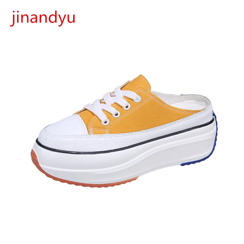 

Canvas Womens Shoes Wedge Platforms Sneakers High Heel Sport Shoes Women Sneakers Yellow Black Trendy Casual Shoes Half Slippers