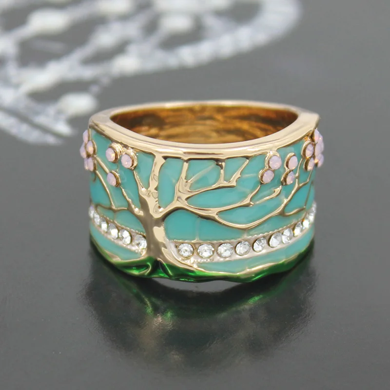 Модное кольцо Happy Flower Tree золотого цвета Опаловое зеленое Европейское и